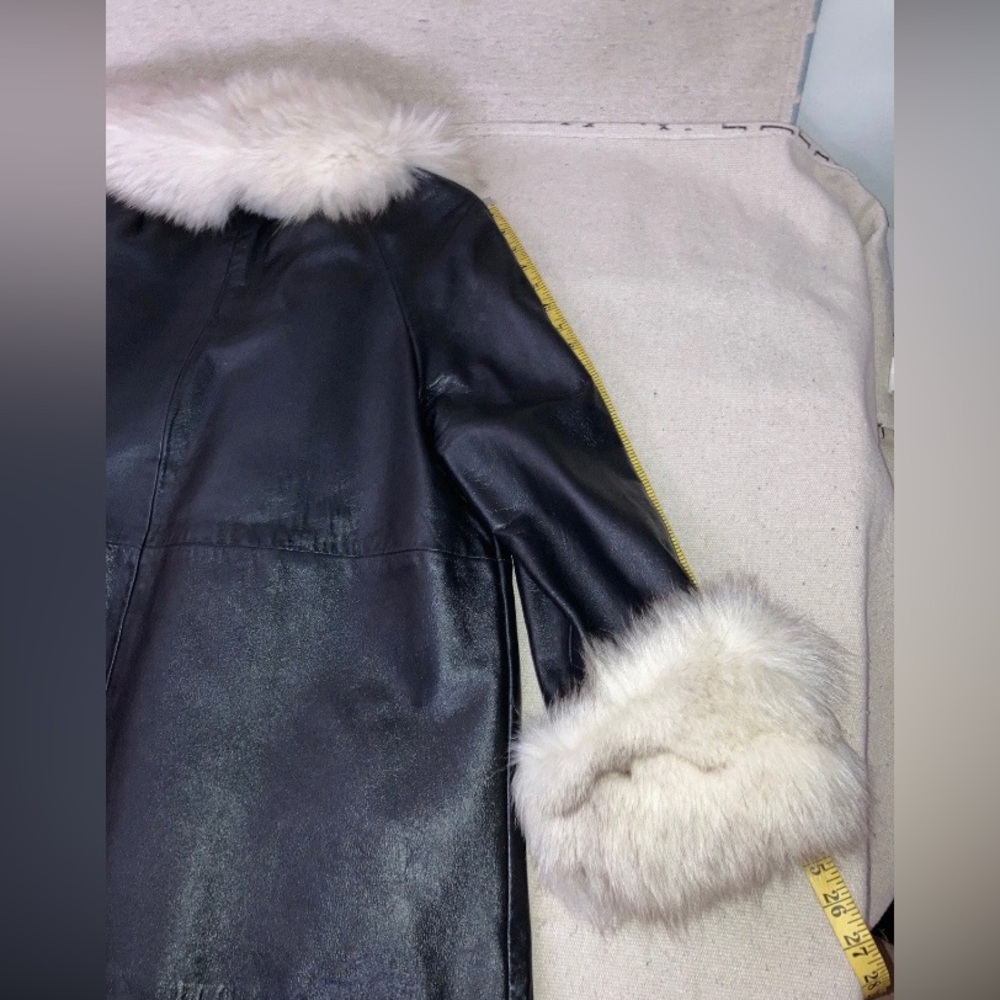 Vintage 60s Leather Penny Lane Fox Fur Collar Front Cuffs Trim Swing Coat Jacket - Picture 13 of 16